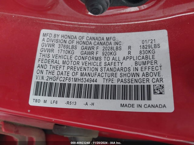 Honda k20c2 2021 2HGFC2F61MH534944 Image 22