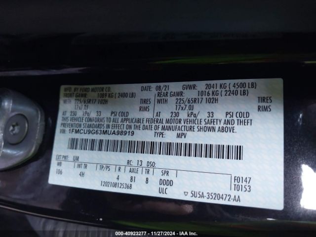 1FMCU9G63MUA98919 Ford ESCAPE SE