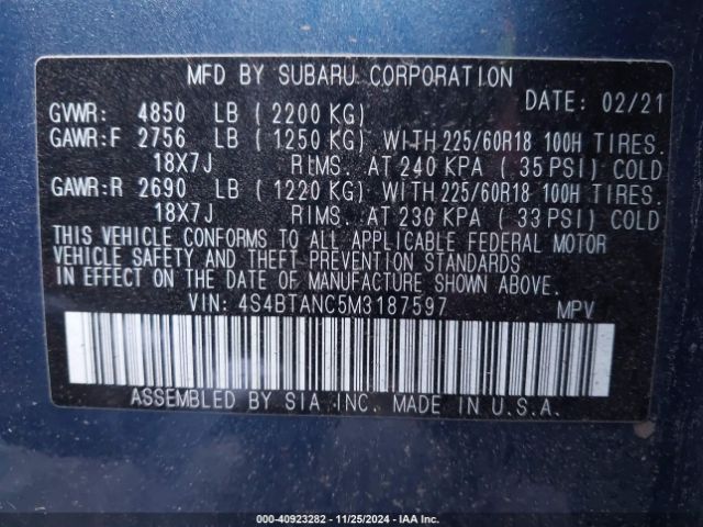 4S4BTANC5M3187597 Subaru Outback Limited