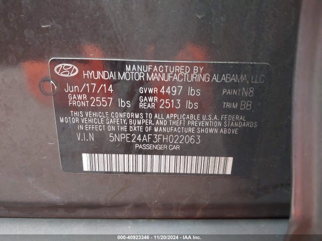 Hyundai SONATA SE 2015 5NPE24AF3FH022063 Image 9