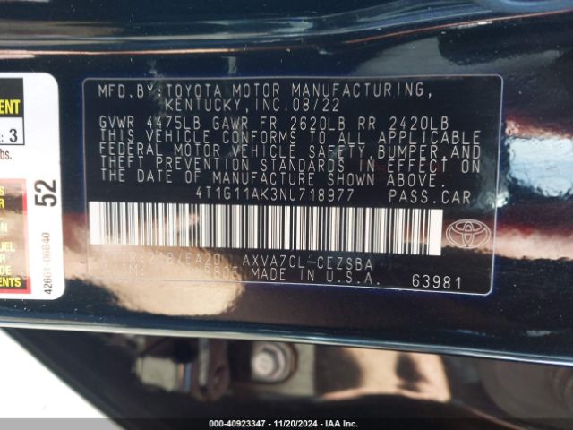 4T1G11AK3NU718977 Toyota Camry Se Nightshade Edition