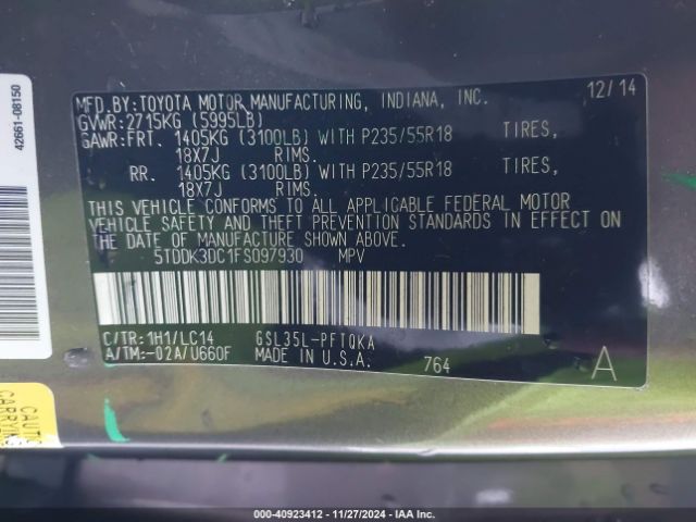 5TDDK3DC1FS097930 Toyota Sienna Xle/limited