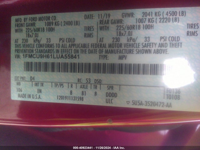 Ford ESCAPE SEL 2020 1FMCU9H61LUA55841 Image 9