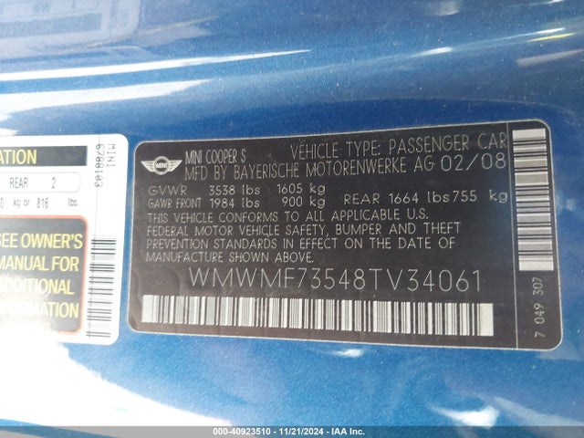2008 MINI COOPER S WMWMF73548TV34061 Photo 8