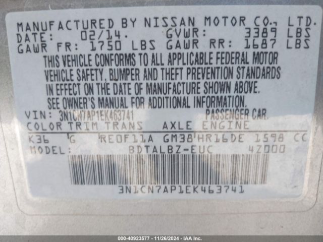3N1CN7AP1EK463741 Nissan Versa 1.6 S/1.6 S+/1.6 Sl/1.6 Sv