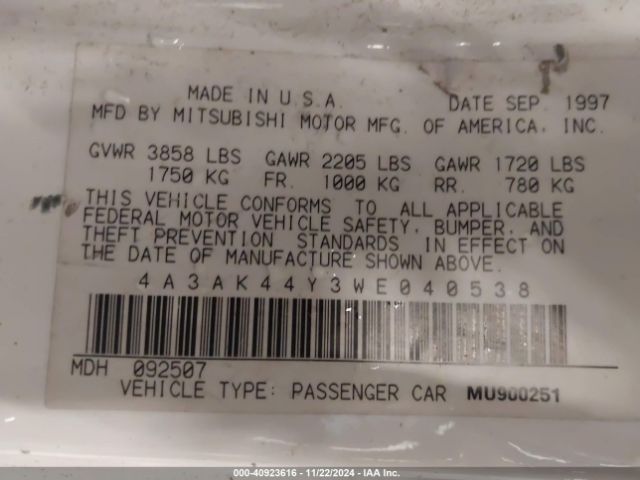 1998 MITSUBISHI ECLIPSE 4A3AK44Y3WE040538 Photo 8