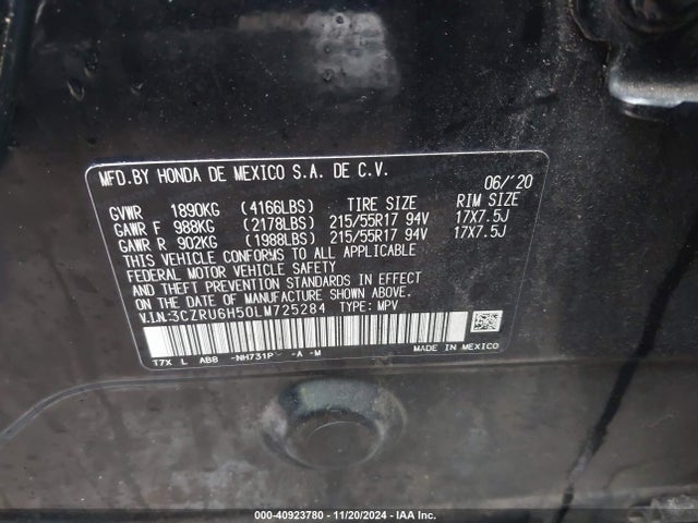 Honda Hr-v Awd Ex 2020 3CZRU6H50LM725284 Image 9