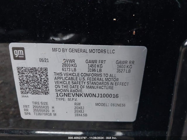 1GNEVNKW0NJ100016 Chevrolet Traverse Awd High Country