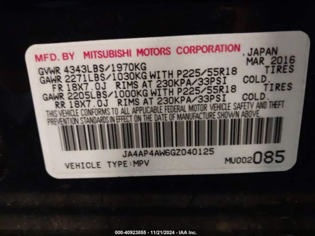 JA4AP4AW6GZ040125 Mitsubishi Outlander Sport 2.4 Gt
