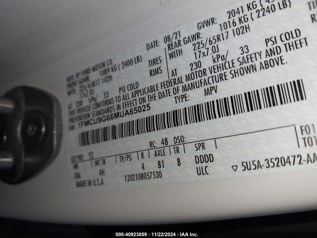 Ford ESCAPE SE 2021 1FMCU9G66MUA65025 Image 9