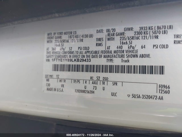 Ford Transit-150 Cargo Van 2020 1FTYE1Y89LKB29433 Image 9