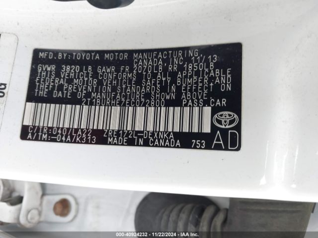 2T1BURHE7EC072800 Toyota Corolla L/le/le Pls/prm/s/s Pls