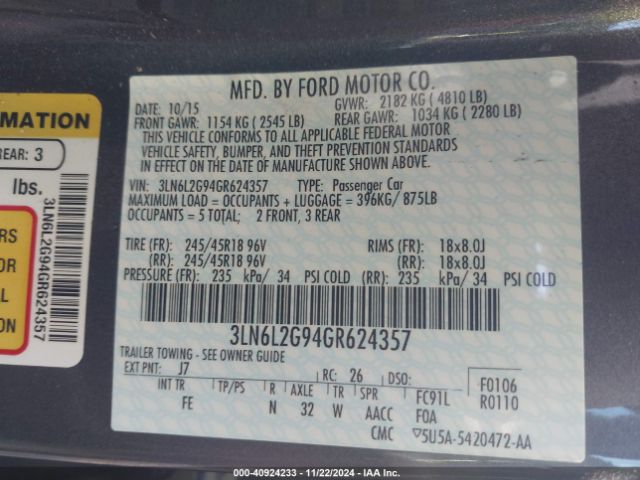 3LN6L2G94GR624357 Lincoln MKZ