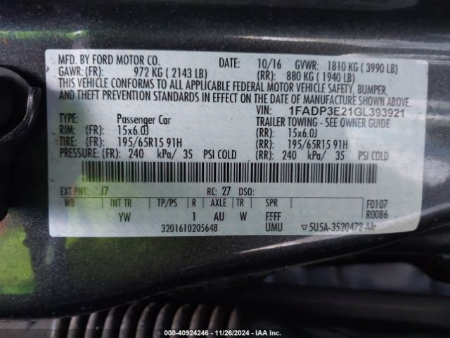 1FADP3E21GL393921 Ford FOCUS S