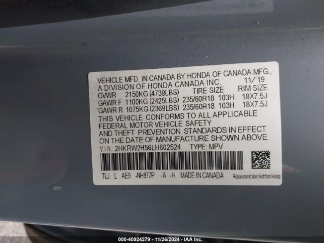 2HKRW2H56LH602524 Honda Cr-v Awd Ex
