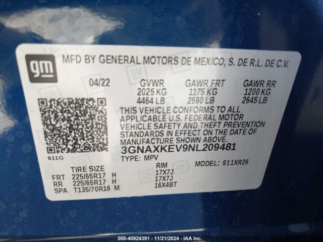 3GNAXKEV9NL209481 Chevrolet Equinox Fwd Lt