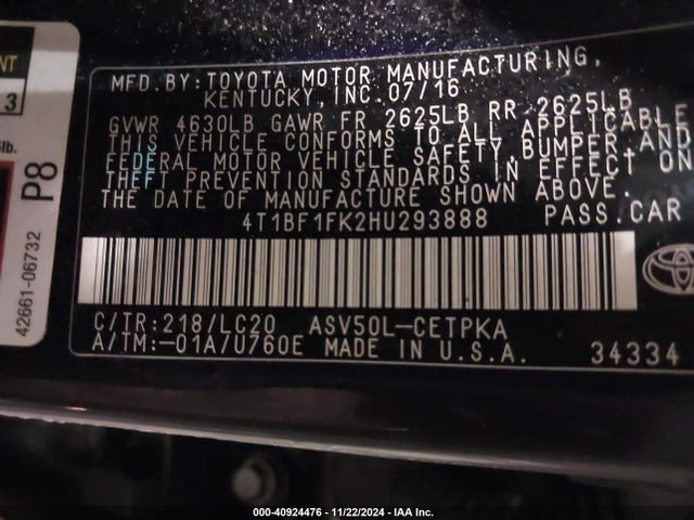 Toyota CAMRY XSE 2017 4T1BF1FK2HU293888 Image 9
