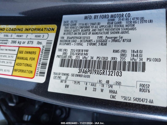 Ford FUSION SE 2016 3FA6P0T9XGR132103 Image 9