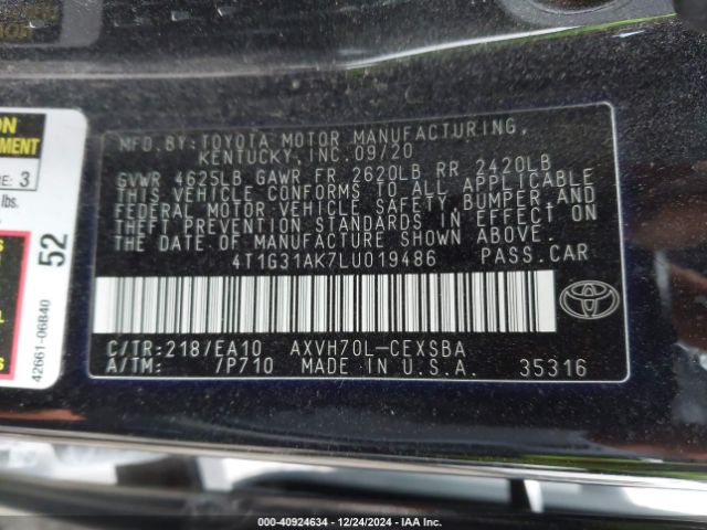 4T1G31AK7LU019486 Toyota Camry Se Hybrid