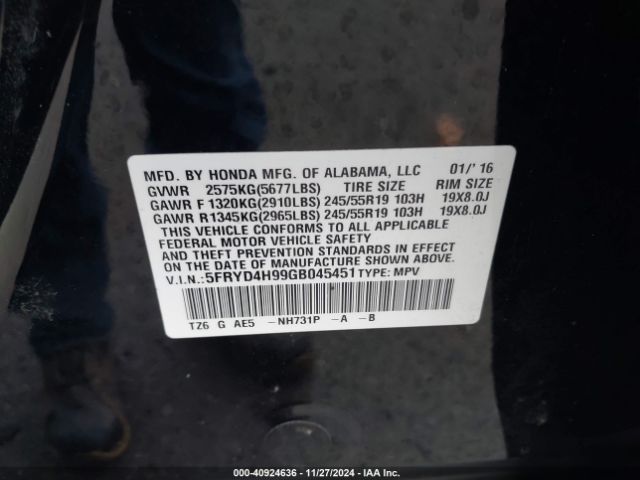 5FRYD4H99GB045451 Acura Mdx Advance   Entertainment Packages/advance Package