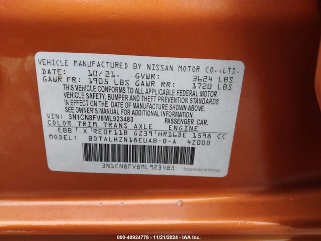 Nissan Versa Sr Xtronic Cvt 2021 3N1CN8FV8ML923483 Image 9