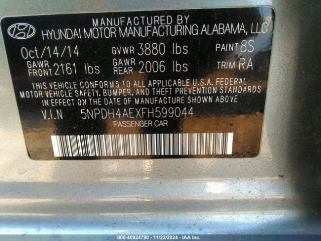 5NPDH4AEXFH599044 Hyundai ELANTRA SE