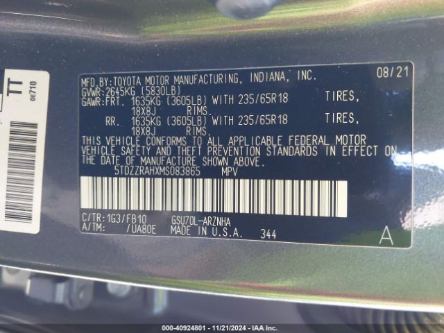 5TDZZRAHXMS083865 Toyota Highlander Le