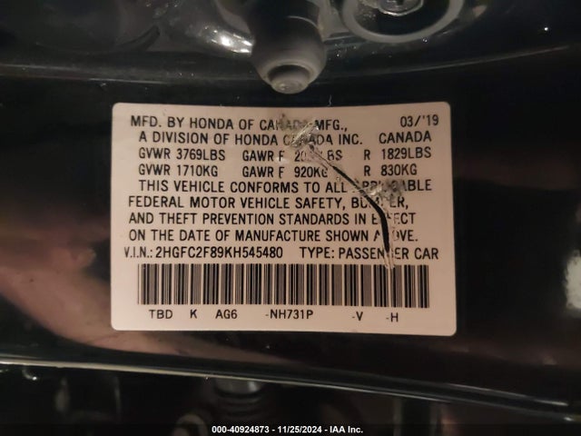 Honda Civic Sport 2019 2HGFC2F89KH545480 Image 9
