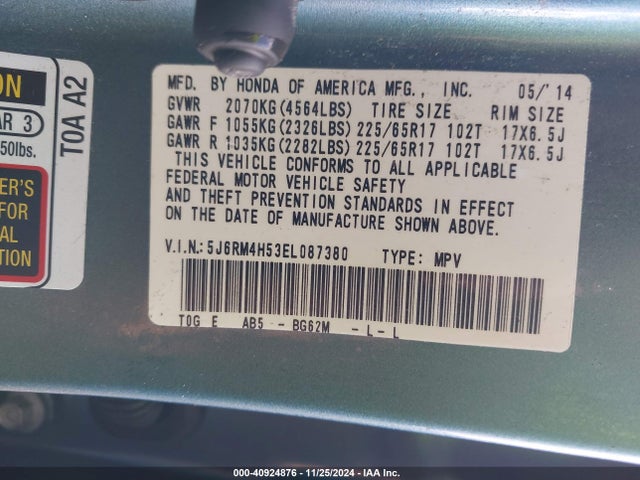 Honda CR-V EX 2014 5J6RM4H53EL087380 Image 9