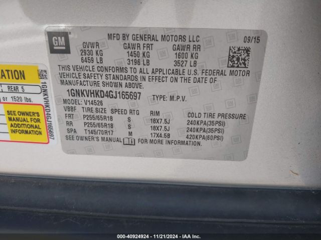 1GNKVHKD4GJ165697 Chevrolet Traverse 2lt