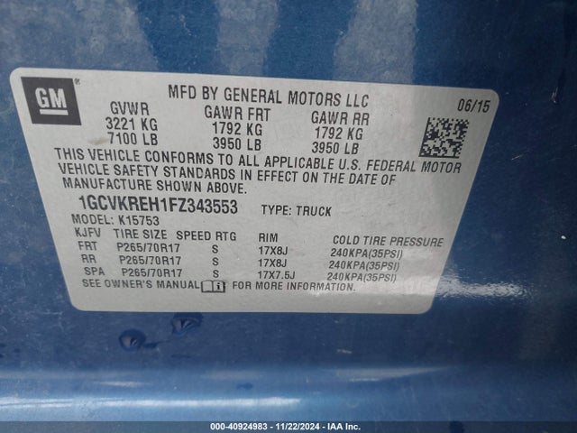 1GCVKREH1FZ343553 Chevrolet Silverado 1500 1lt