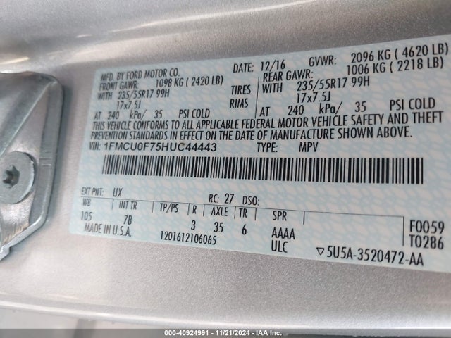 Ford ESCAPE S 2017 1FMCU0F75HUC44443 Image 9