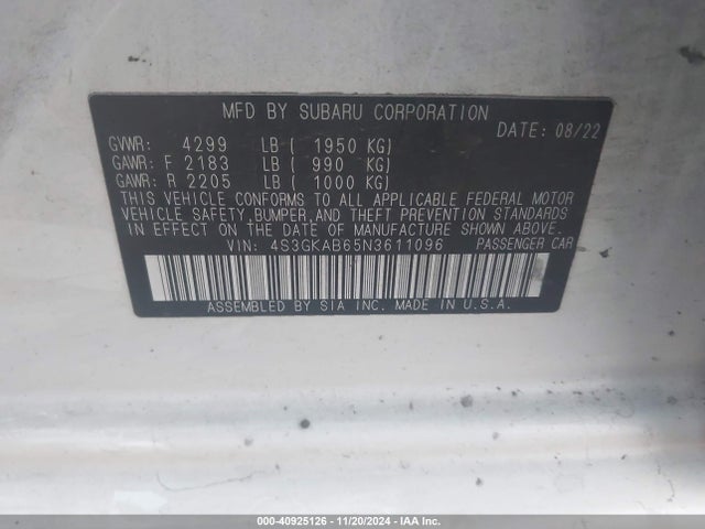 Subaru Impreza Base 2022 4S3GKAB65N3611096 Image 9
