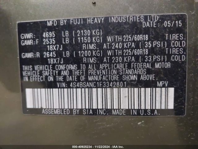4S4BSANC1F3342801 Subaru Outback 2.5i Limited