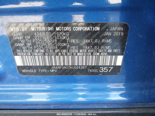 JA4AP3AU7KU024367 Mitsubishi Outlander Sport 2.0 Le