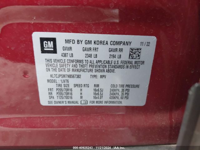 KL7CJPSM7NB567382 Chevrolet Trax Awd Lt