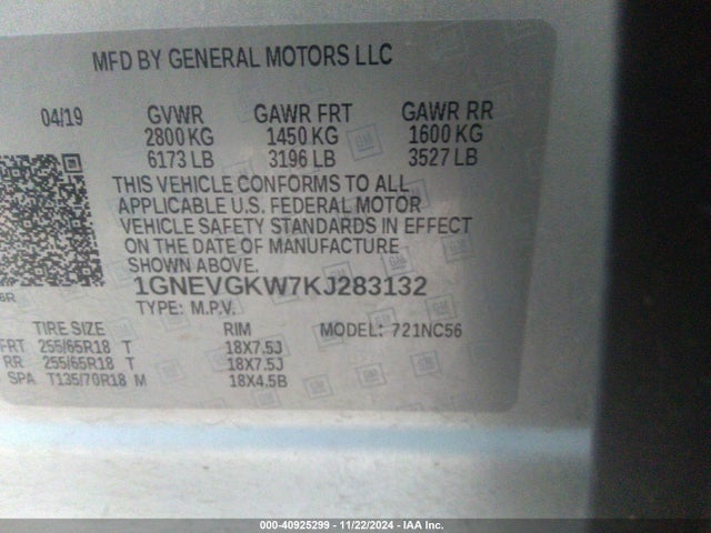 Chevrolet Traverse 1lt 2019 1GNEVGKW7KJ283132 Image 9