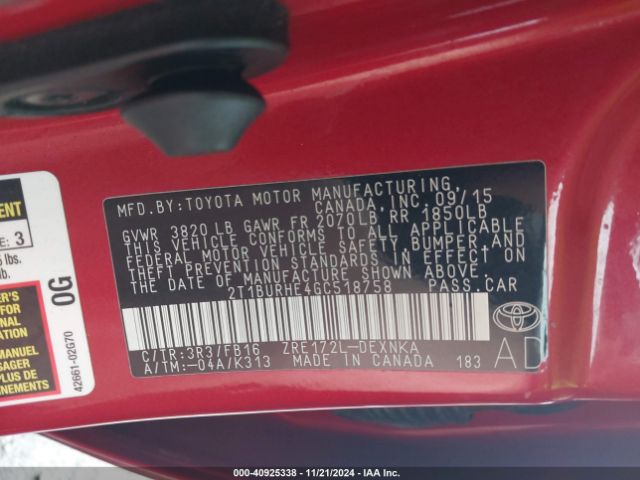 2T1BURHE4GC518758 Toyota Corolla L/le/le Pls/prm/s/s Pls