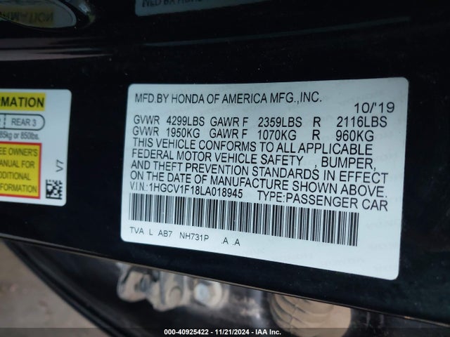 Honda ACCORD LX 2020 1HGCV1F18LA018945 Image 9