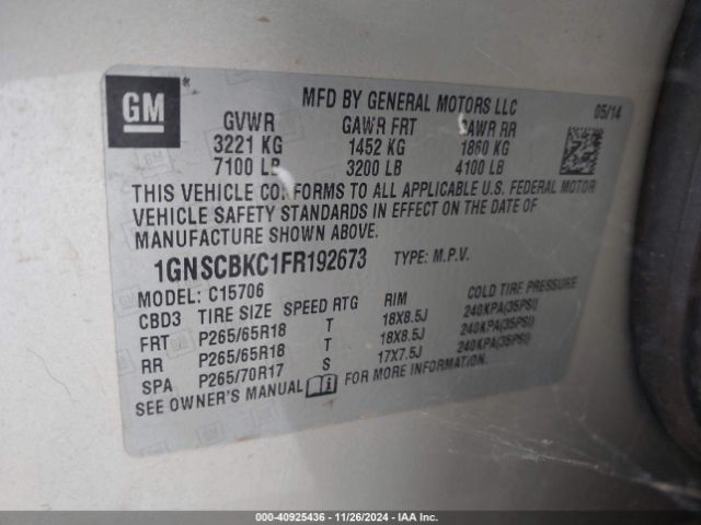 1GNSCBKC1FR192673 Chevrolet Tahoe Lt