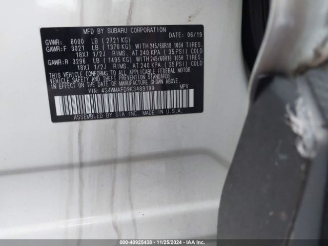 4S4WMAFD9K3489199 Subaru Ascent Premium
