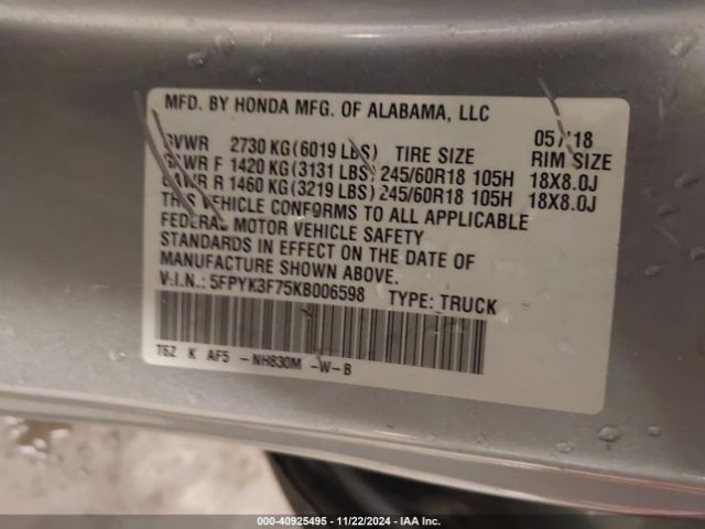 5FPYK3F75KB006598 Honda Ridgeline Rtl-e