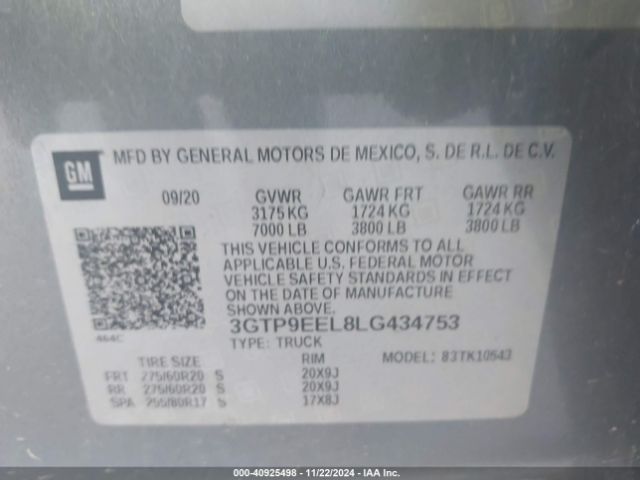 3GTP9EEL8LG434753 GMC Sierra 1500 4wd  Short Box At4