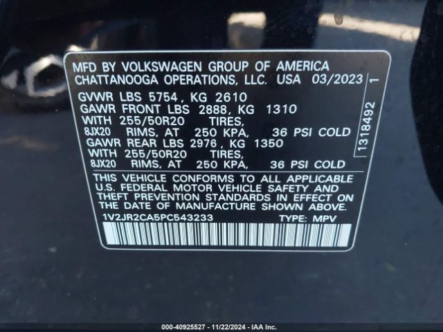 1V2JR2CA5PC543233 Volkswagen Atlas 3.6l V6 Se W/technology