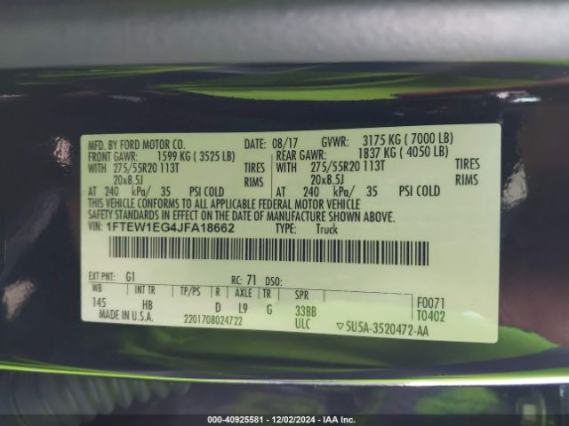1FTEW1EG4JFA18662 Ford F-150 Lariat