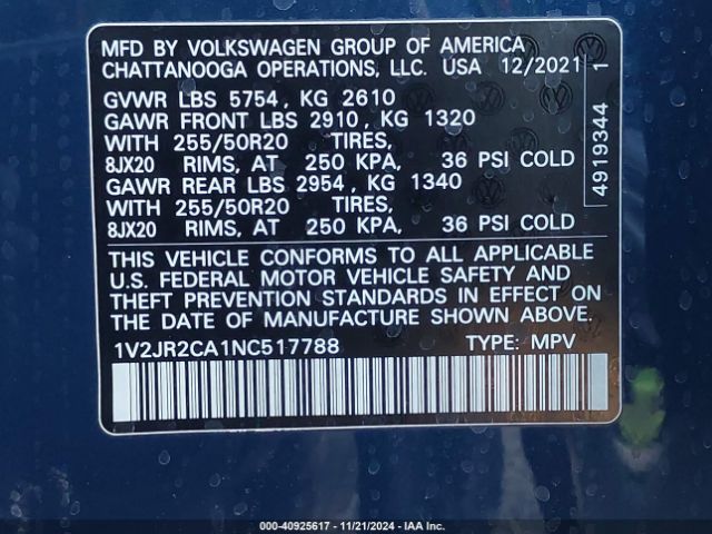 1V2JR2CA1NC517788 Volkswagen Atlas 3.6l V6 Se W/technology