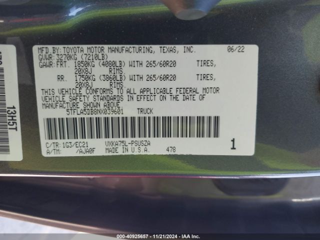 5TFLA5DB8NX039601 Toyota Tundra Sr5