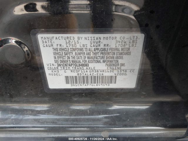3N1CN7AP7GL849593 Nissan Versa 1.6 S+