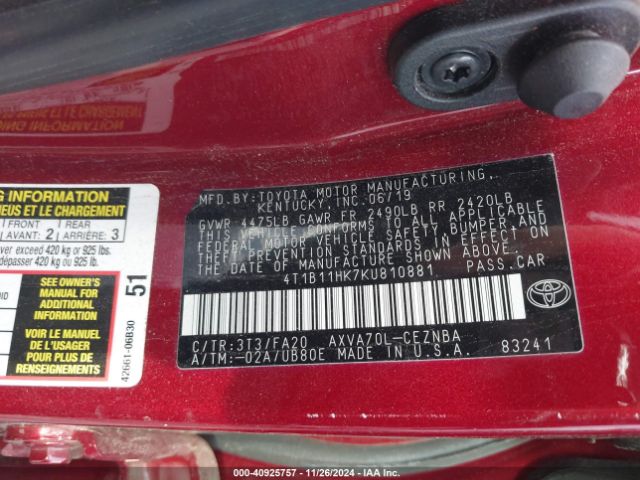 4T1B11HK7KU810881 Toyota CAMRY LE