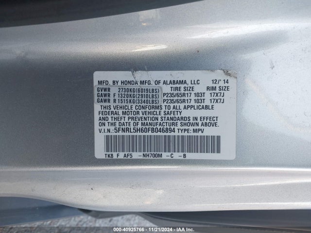 Honda Odyssey Ex-l 2015 5FNRL5H60FB046894 Image 9